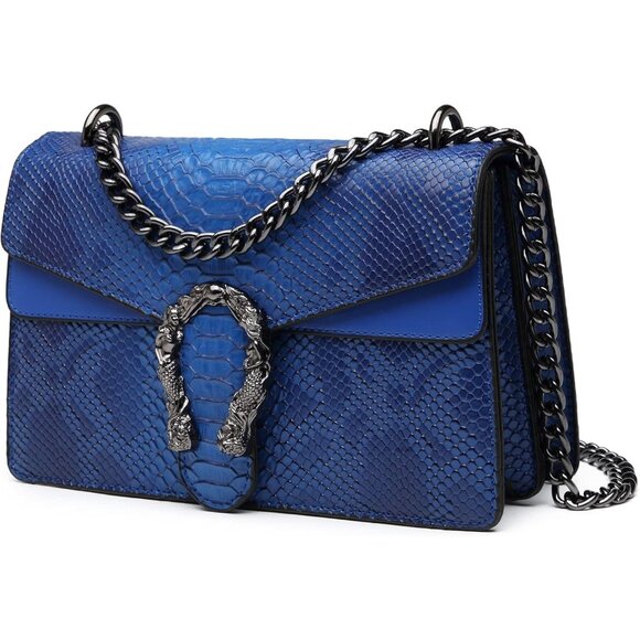 Snake Print Leather Blue Crossbody Bag for Women Chain Strap and Clutch Style - Picture 1 of 7
